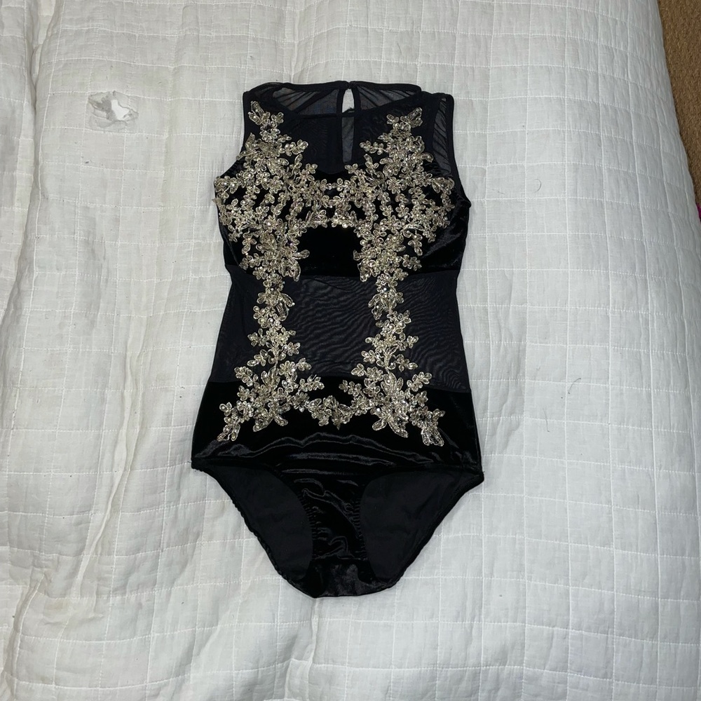 velvet and mesh leotard with gold appliqués